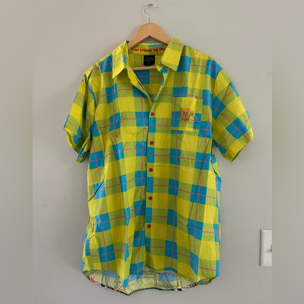 Mens Halloween Horror Night Yellow and Blue Plaid Chuckie Shirt